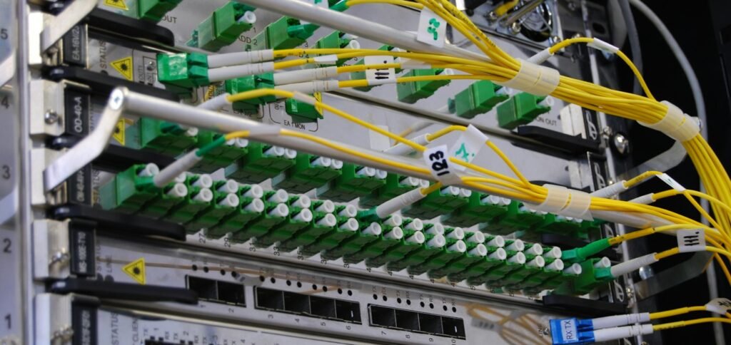 Fibre-optic patch cables plugged into a network switch in a server rack